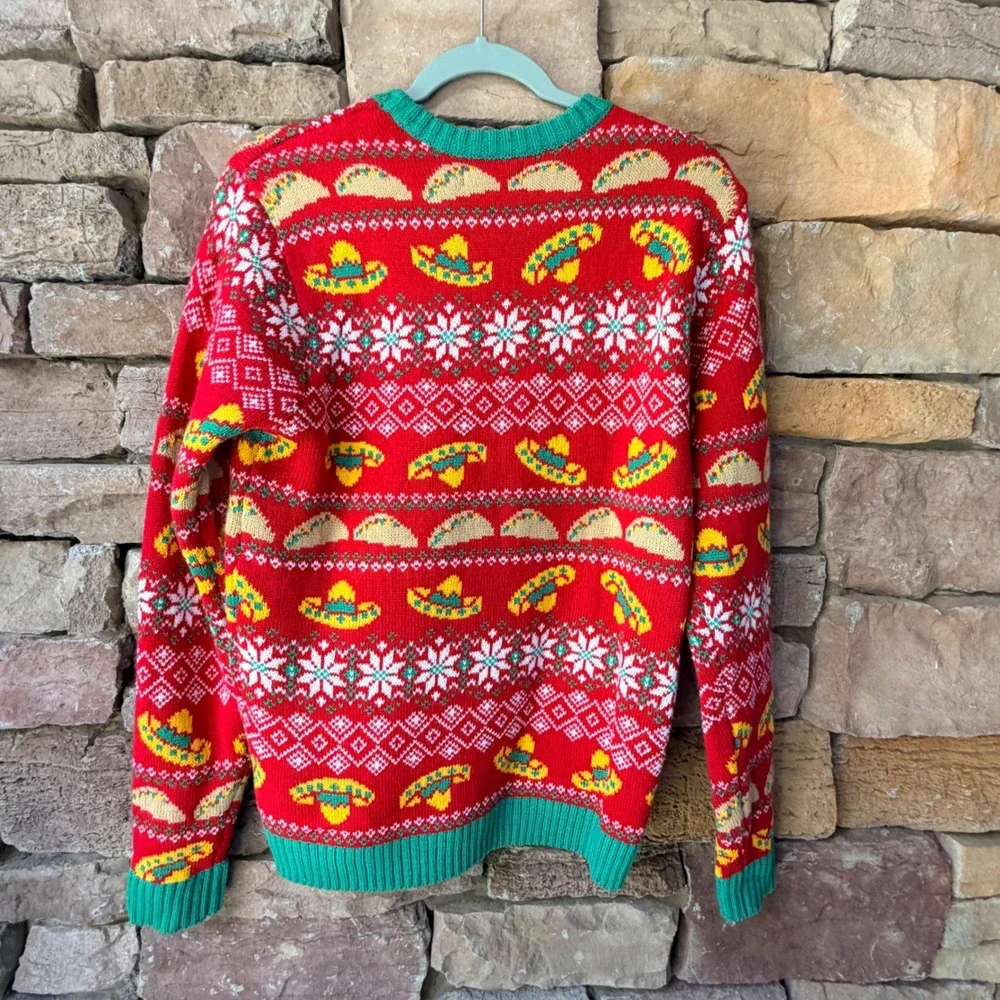 Blizzard Bay Men Small Sweater Taco Sombrero Ugly Christmas Red Green Oversized